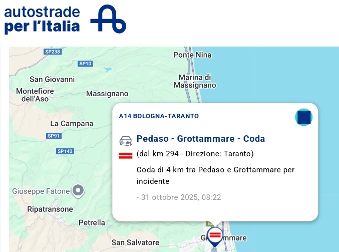 A14, tratto chiuso tra Pedaso e Grottammare: code di 6 km sulla SS16 in direzione sud